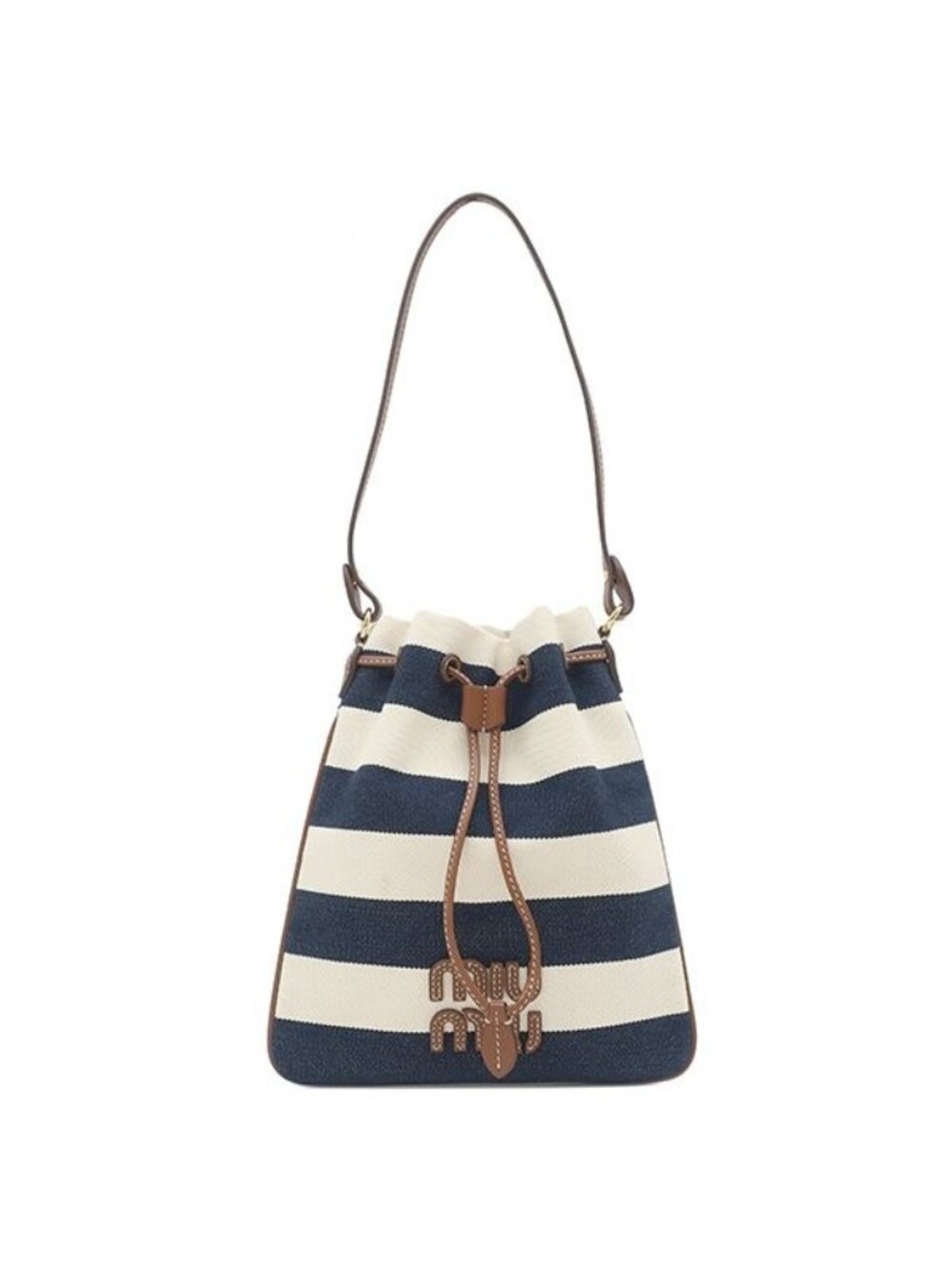 Miu Miu Handbag Drawstring Pouch Canvas Leather Navy Natural Gold Striped
